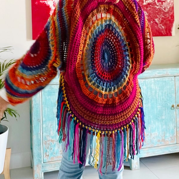 Crochet Pattern, Cardigan Pattern, Mandala Cardigan, Boho Crochet Pattern, Colorful Clothing, Crochet Sweater, Hippie Style, Boho Top