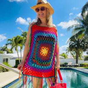 Tropical Beach Dress Crochet Pattern | Colorful Granny Square Cover-Up by LM Handmade Boutique | Swim Suit Cover Up Pattern | Boho Crochet