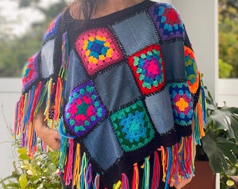 Granny Square Top, Upcycled Denim Top, Granny Square Poncho, Hippie Poncho, Upcycled Poncho, Bohemian Poncho, Festival Top, Hippie Top, 70s