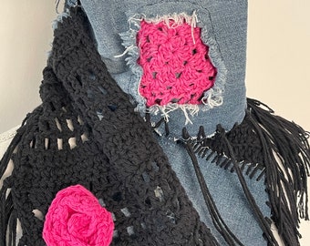 Upcycled Denim Scarf, Black Pink and Denim Scarf, Bohemian Handmade Scarf, Boho Style, Rustic Scarf, Distressed Scarf, One of a Kind