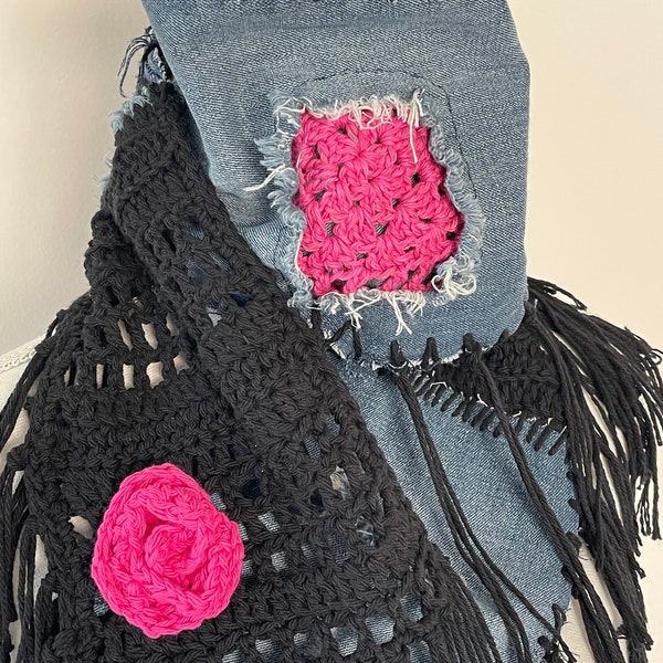 Upcycled Denim Scarf, Black Pink and Denim Scarf, Bohemian Handmade Scarf, Boho Style, Rustic Scarf, Distressed Scarf, One of a Kind