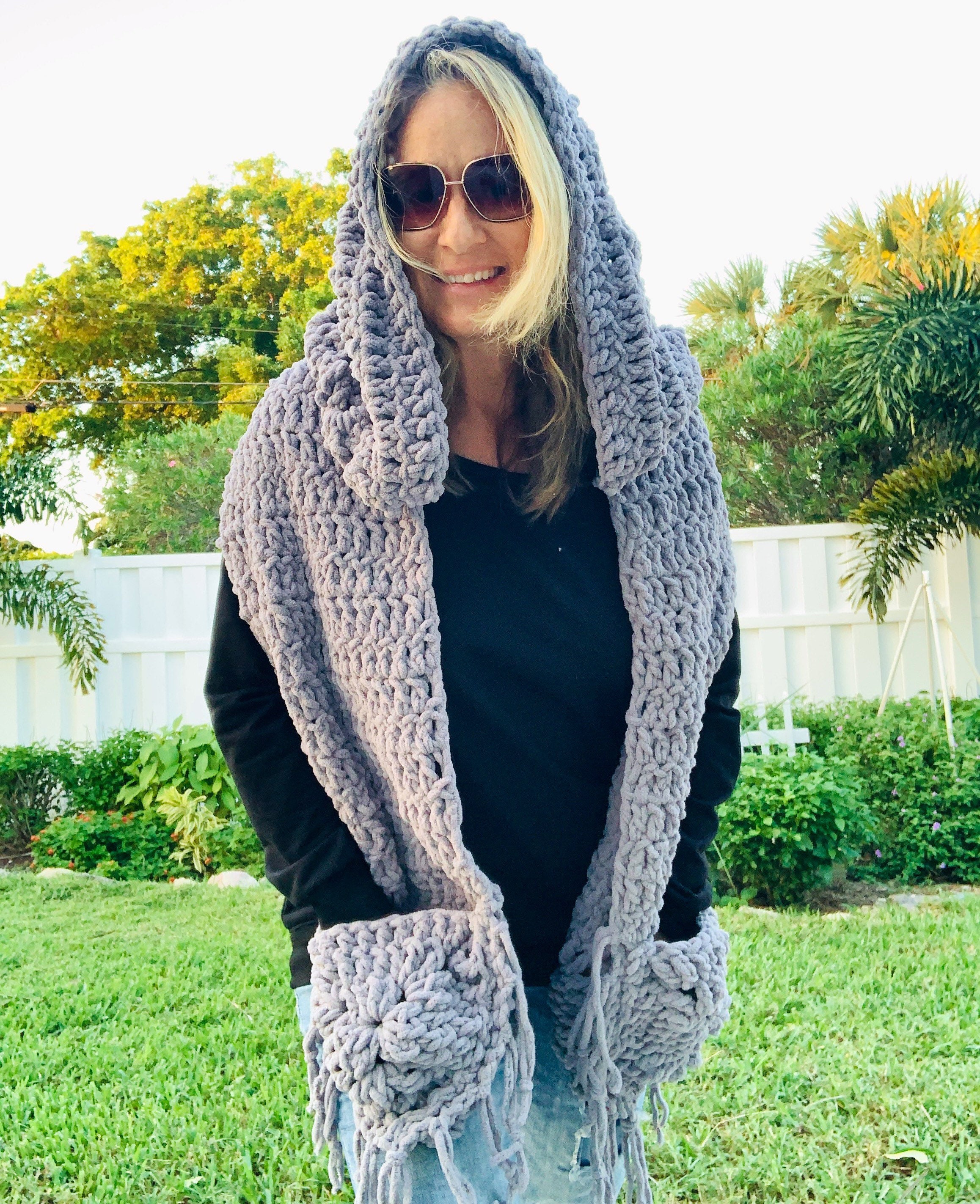 crochet hooded pocket shawl