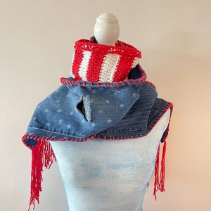 Upcycled Denim Scarf, Crochet Patriotic Scarf, Handmade Red White & Blue Statement Wrap with Fringe
