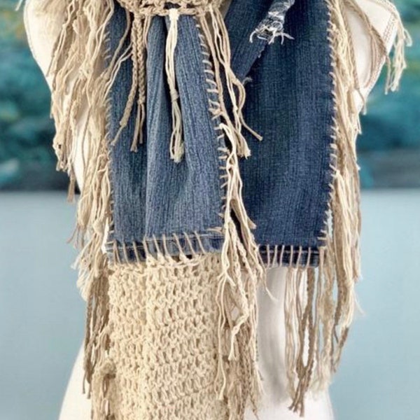 Crochet Scarf Pattern, DIY Upcycled Scarf Pattern, Boho Crochet Scarf, Easy Crochet Pattern, Boho Pattern, Upcycled Denim Scarf Tutorial