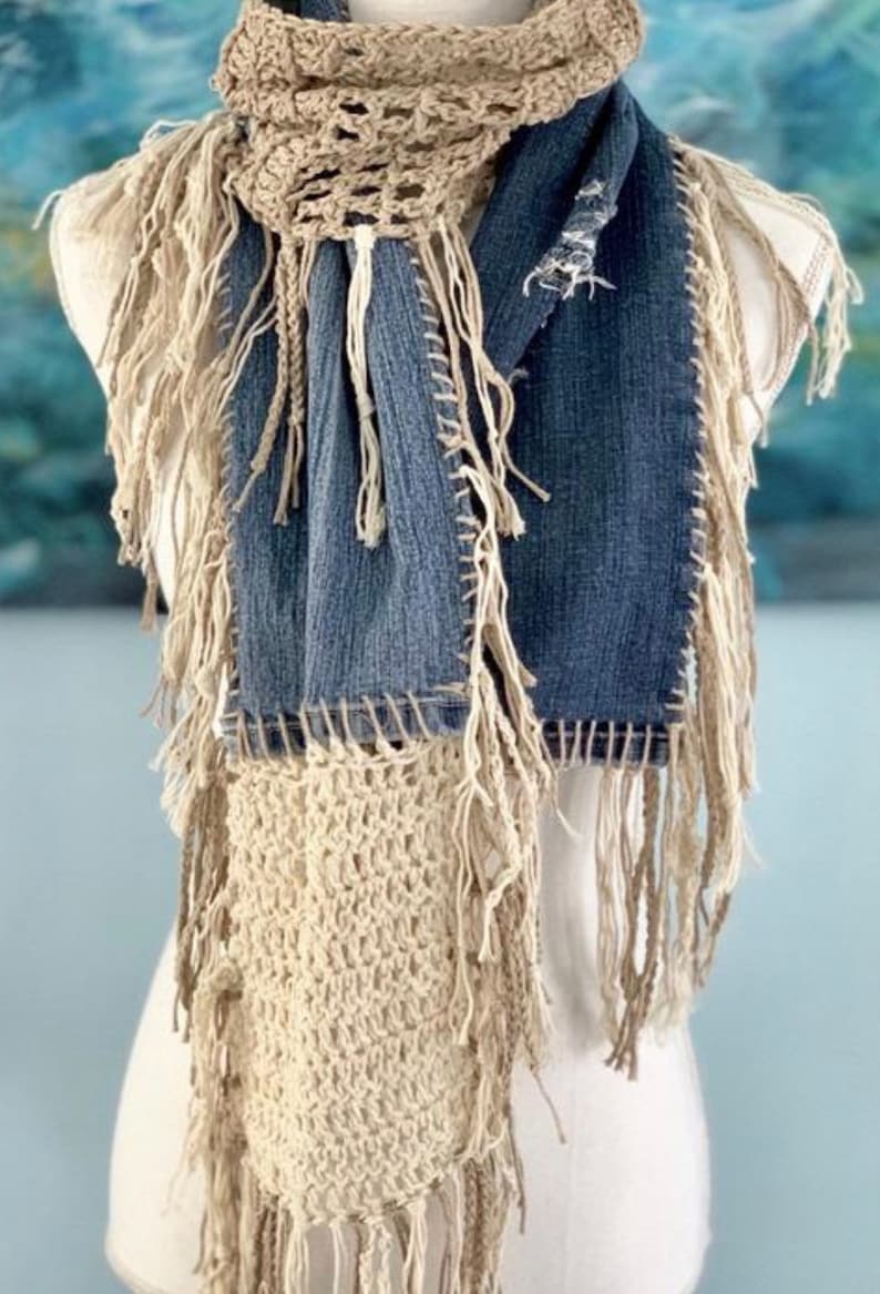 Crochet Scarf Pattern, DIY Upcycled Scarf Pattern, Boho Crochet Scarf, Easy Crochet Pattern, Boho Pattern, Upcycled Denim Scarf Tutorial image 1