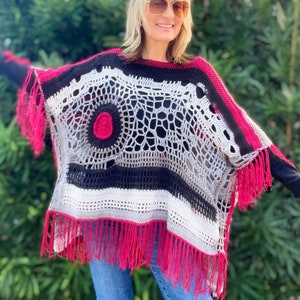 Oversized Poncho, Womens Poncho, Boho Poncho, Comfy Poncho, Fringe Poncho, Tunic, Crochet Poncho, Art Clothing, One of a Kind Handmade