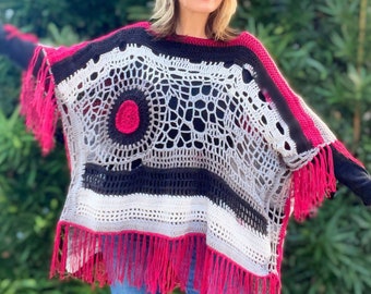 Oversized Poncho, Womens Poncho, Boho Poncho, Comfy Poncho, Fringe Poncho, Tunic, Crochet Poncho, Art Clothing, One of a Kind Handmade