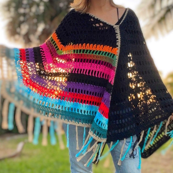 Rainbow Hippie Poncho, Poncho Crochet Pattern, Boho Crochet Pattern, Easy Crochet Pattern, Poncho Pattern, Poncho Women, Boho Top, Plus Size