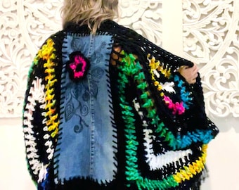 Upcycled Denim Crochet Cardigan: Hand-Painted Hexagon Jacket