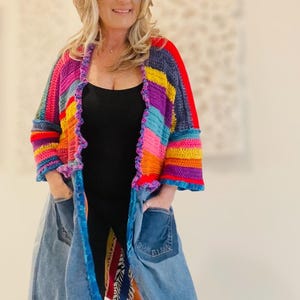 One of a Kind Crochet Denim Coat | Upcycled Boho Statement Jacket | Wearable Art Clothing