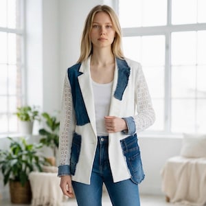 May include: A white blazer with denim patches and lace sleeves. The blazer has a classic lapel and a single-button closure. The sleeves are a delicate white lace. The denim patches are a medium wash blue.