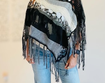 Handgemaakte boho-poncho voor dames | Unieke, draagbare kunst | Kleding van gerecyclede materialen