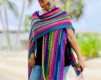 Colorful Crochet Wrap Pattern, Summer Wrap, Long Boho Ruana, Long Vest, Summer Pattern, Easy Crochet