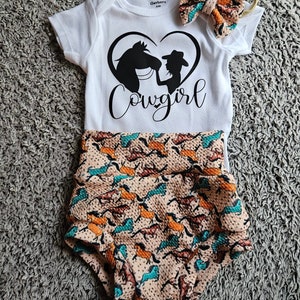Cowgirl Baby Outfit: Horse Print Bummies, Bodysuit & Bow