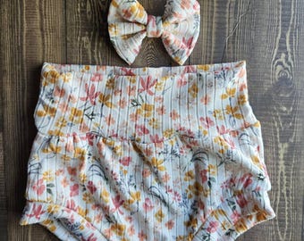 Floral Baby Bummie Set: Ribbed Knit Shorts & Headband