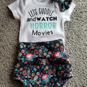 Baby Bummies, Bummies set, Floral, Horror fan, Horror, Clowns, Dolls, Halloween, Spooky Season, Baby Girl, Ready to ship, Headbands