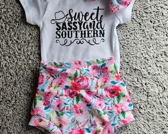 Conjunto Floral Bummies: Body de bebé sureño y diadema con lazo