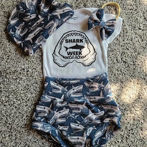 Baby outfit, baby bummies, bummie shorts, Sharks, My first shark week, Shark Week, Ocean baby, Baby shower gift, Handmade, Ready to ship