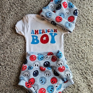 Baby outfit, Baby bummies, Bummies Outfit, Fourth of July, American Boy, Patriotic outfit, Red white and blue, handmade, ready to ship