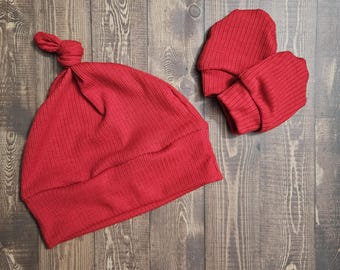 Rib Knit baby hat and mitten set, Baby no scratch mittens, Top Knot