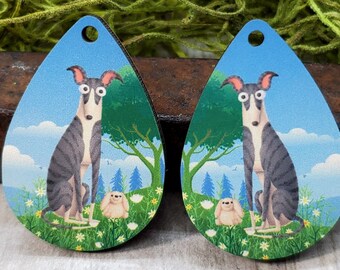 Dog Sighthound, Greyhound, Whippet, Lurcher, Saluki Sublimated Wood Floral Earring Components , Jewelry Making Supplies,  Caliente Art Glass