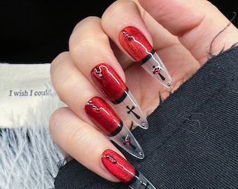 Handmade Press on Nail Reusable Gothic Red Cross Halloween Vampire Extra Long Stiletto