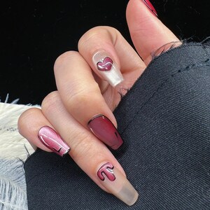 Handmade Press on Nail Reusable Pink Hand Draw Anime Cute Kawaii Square