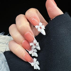Handmade Press on Nail Reusable Bow White French Tip Extra Long Stiletto