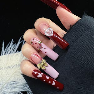 Handgemachte Presse auf dem Nagel Wiederverwendbare Cute Pink Y2K Herz Rot XXL Quadrat