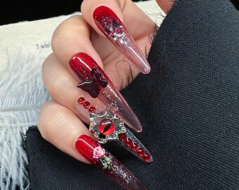 Handmade Press on Nail Reusable Gothic  Halloween Horror Scary Spooky Red Ross XXL Coffin