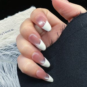 Handmade Press on Nail Reusable White French Tip Elegance Luxury Almond