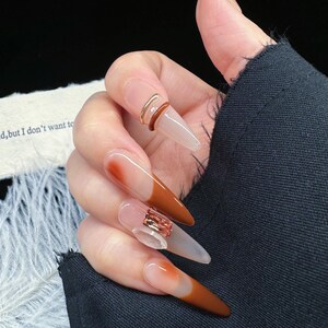 Handmade Press on Nail Reusable Brown French Tip Crystal Extra Long Stiletto