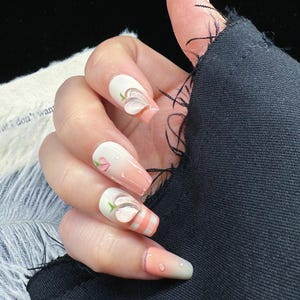 Handmade Press on Nail Reusable Peach Cute Kawaii Coffin