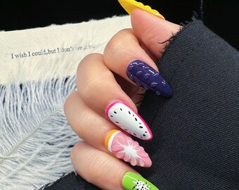Unhas de pressão artesanais reutilizáveis 3D Frutas Melancia Limão Abacate Morango Stiletto longo