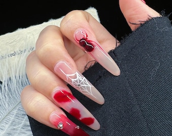 Handmade Press on Nail Reusable Halloween Bloody Red Snake XXL Coffin