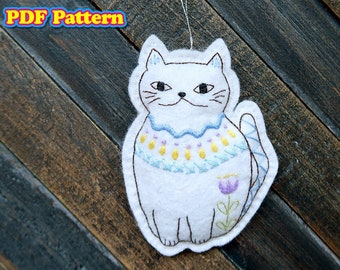 Cat Christmas Ornament Pattern, Scandinavian Style Embroidered Felt Christmas Ornament, Backpack Charm, Hand Sewing PDF Pattern Cat Decor