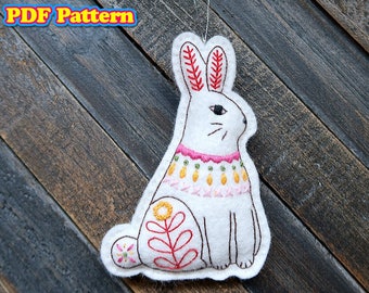 Felt Bunny Christmas Ornament Pattern, Scandinavian Style Embroidered Felt Ornament PDF Sewing Pattern, Backpack Bag Charm, Rabbit Decor