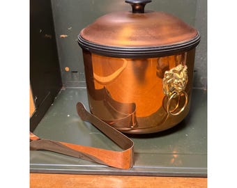 Vintage Copper Ice Bucket with Brass Lion Head Handles and Tongs Set