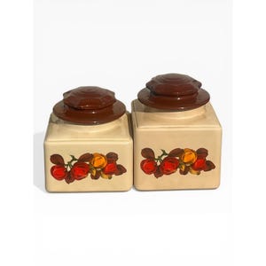 Pode incluir: Dois potes quadrados de cerâmica com tampas castanhas. Os potes são de cor creme com um desenho floral de rosas vermelhas, laranjas e amarelas. As tampas são de cor castanho escuro.