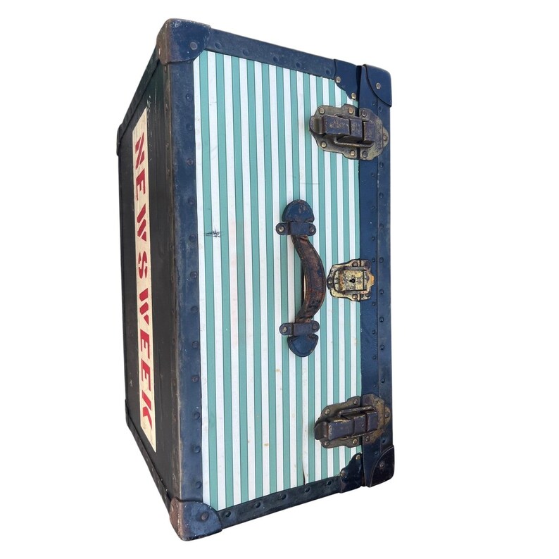 Vintage Newsweek Steamer Malle Rayé Vert Blanc Coffre De Rangement Accessoire De Bagage image 3