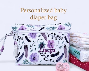Bolsa de pañales para bebé con nombre personalizado, muselina floral, bolsa impermeable de algodón orgánico con asa a presión