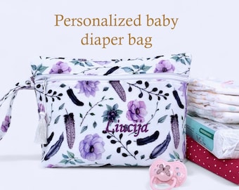 Benutzerdefinierte Name Baby Wickeltasche | Floral Musselin | Wasserdichte Beutel aus Bio-Baumwolle mit Schnappgriff