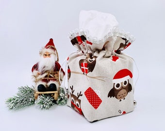 Funda de tela navideña para caja de pañuelos: Estampado de búho y reno, decoración navideña