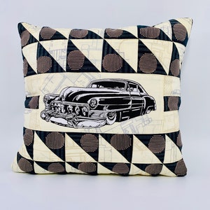 Patchwork Pillow Cover: Quilted Cotton Cushion with Vintage Car