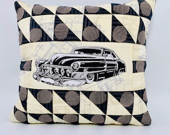 Patchwork Pillow Cover: Quilted Cotton Cushion with Vintage Car