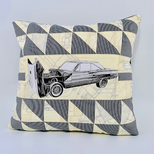 Patchwork Quilted Throw Pillow Cover: Vintage Car Design