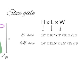May include: A green drawstring bag with purple drawstrings. The image includes size details: S size is 12" x 10" x 3" and M size is 14" x 11.5" x 3.5". The text "Size guide" is at the top.