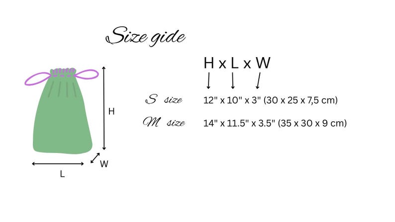 May include: A green drawstring bag with purple drawstrings. The image includes size details: S size is 12" x 10" x 3" and M size is 14" x 11.5" x 3.5". The text "Size guide" is at the top.