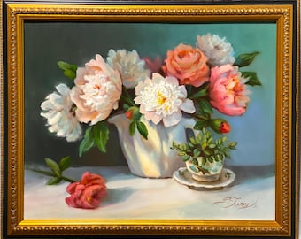 Still Life Floral of Peonies in Bloom, Original Oil Painting Wall Decor 20 x 16 inches