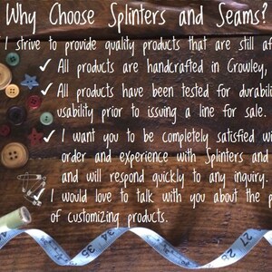 May include: Image with text: "Why Choose Splinters and Seams?" and bullet points about quality, handcrafted products, durability, and customer satisfaction. Includes spools of thread, buttons, and a measuring tape.